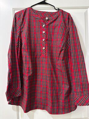 Talbots 1X Plus Size Red Plaid Long Sleeve Blouse with Rhinestone buttons